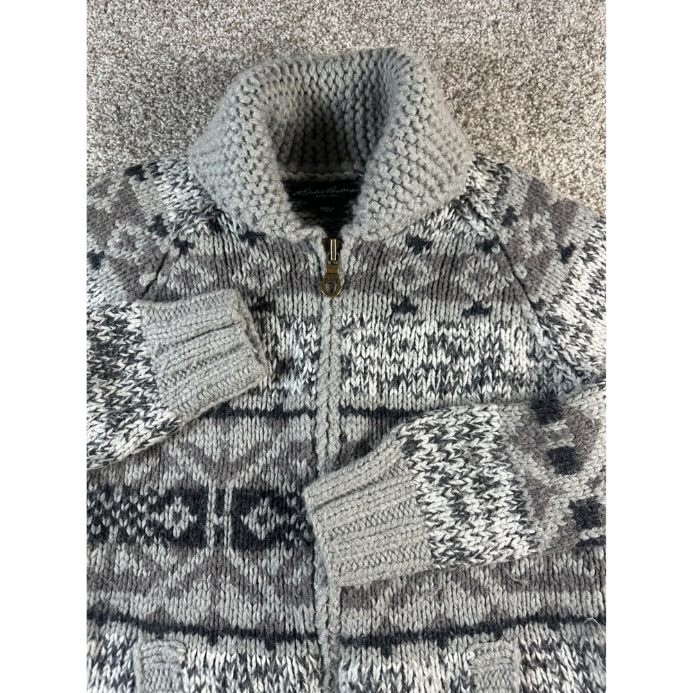 Eddie Bauer Womens Grey Fair Isle Shawl Collar Full Zip Wool Alpaca Sweater S